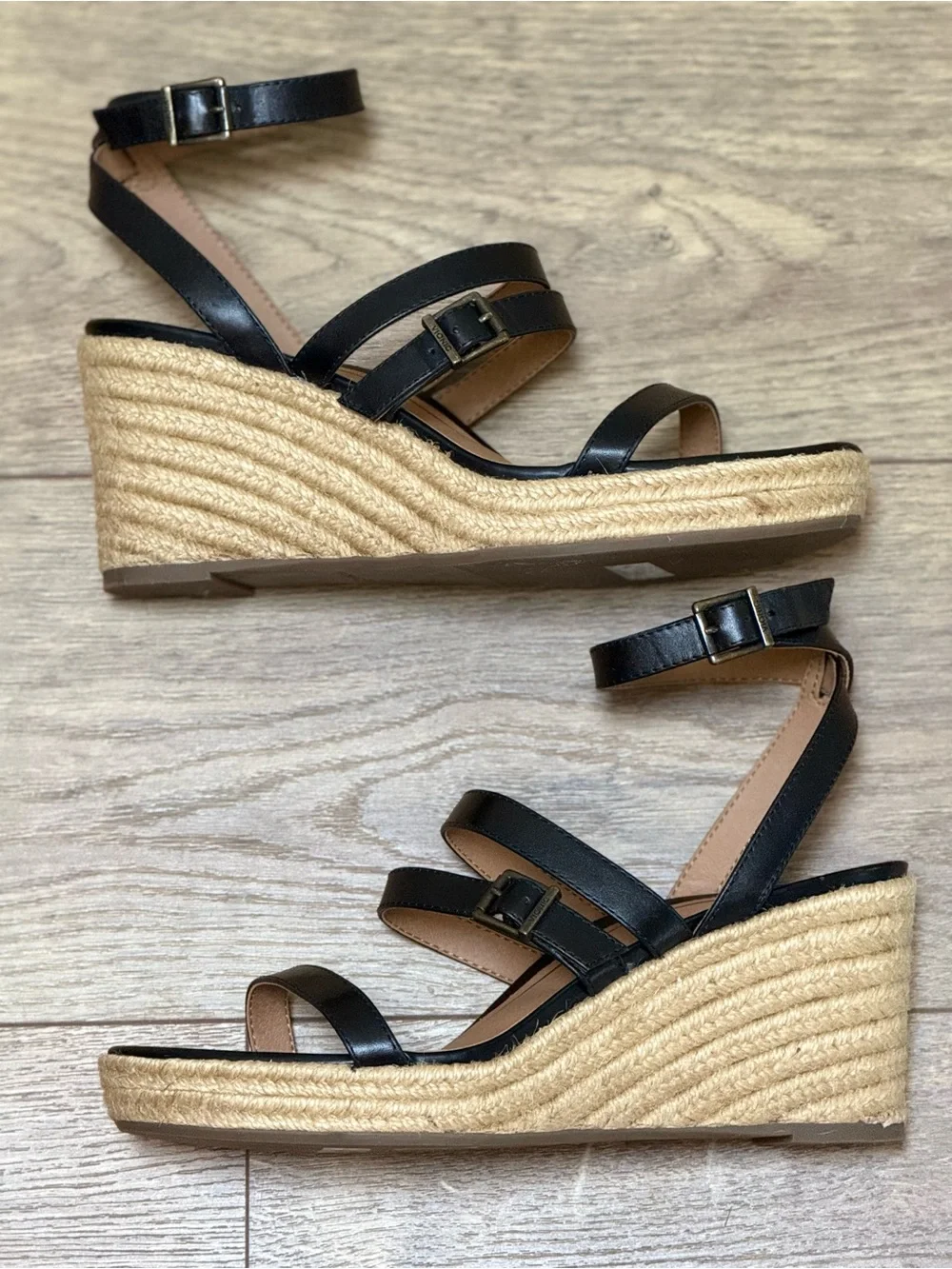 Vionic Sabina Size 10 Black Leather Espadrille Wedge Sandals Strappy Comfort New